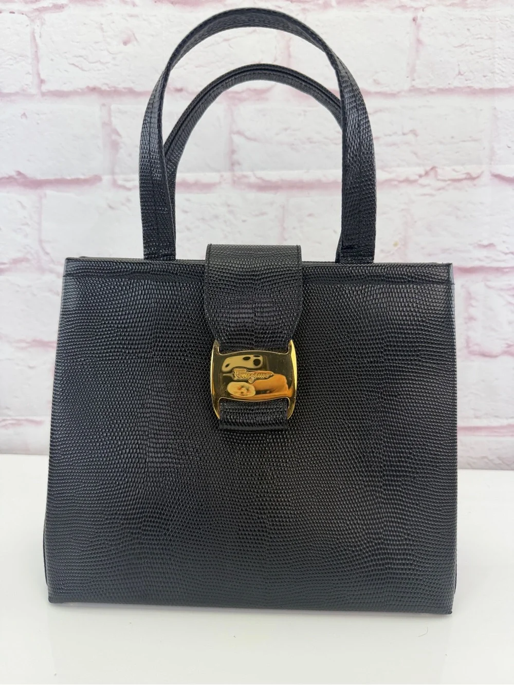 Salvatore Ferragamo Black Lizard-Embossed Top-Handle Satchel Vintage